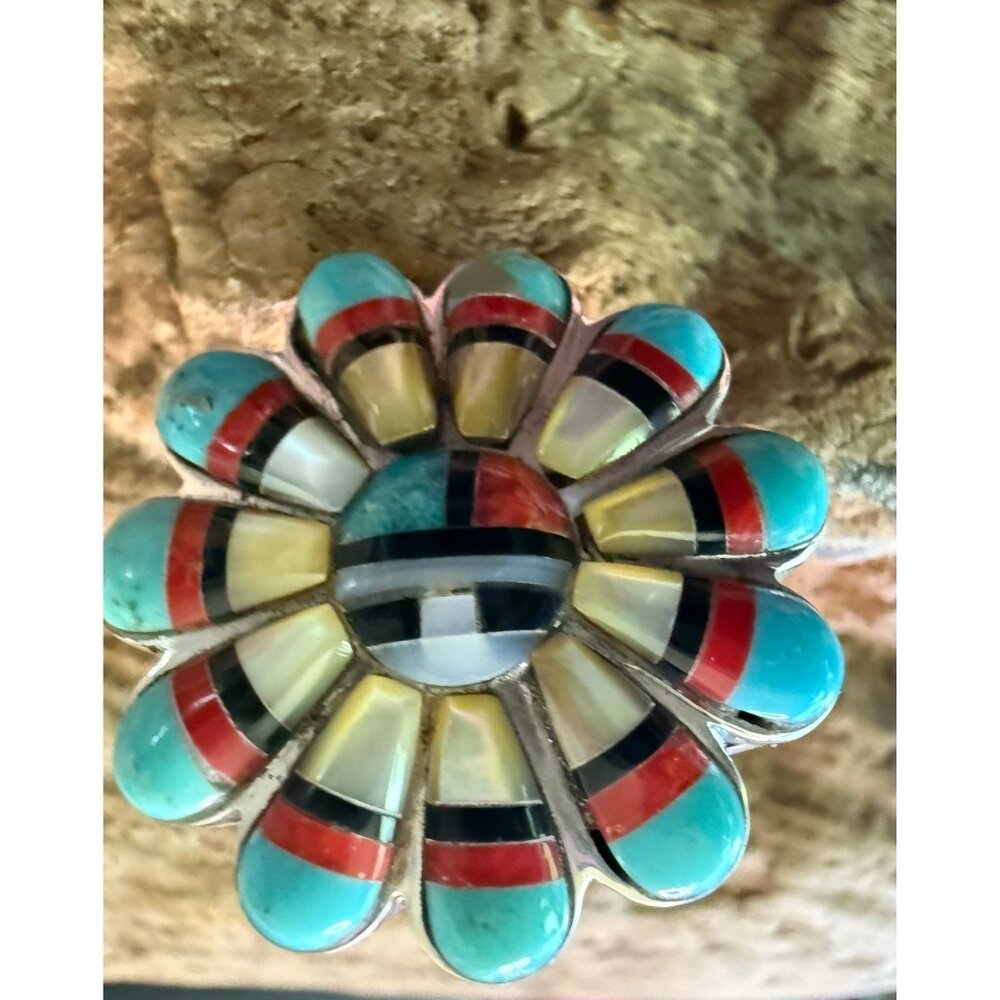 Zuni Sun Ring Size 8 Adjus. 925 Sterling Silver W/ Inlay Turquoise Onyx Coral
